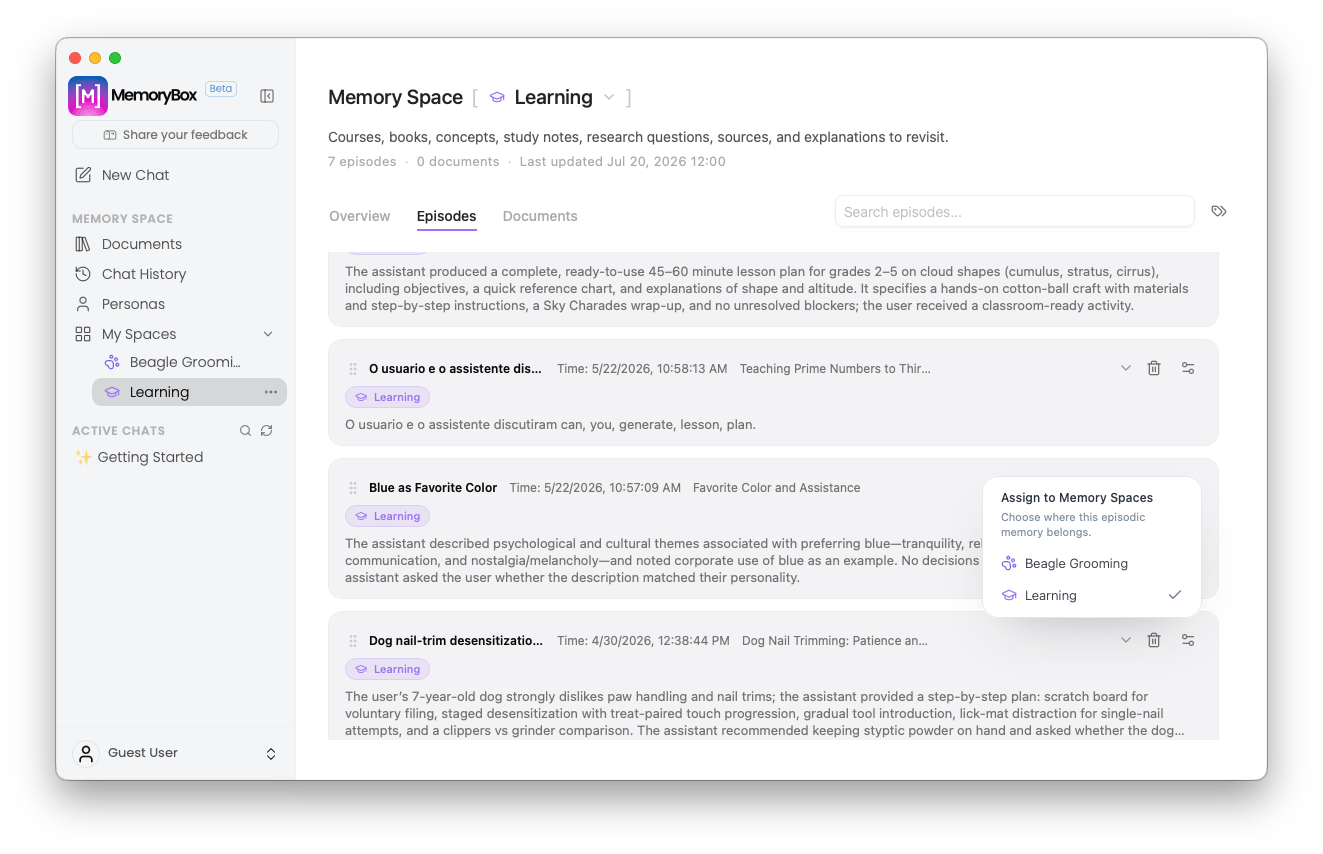 Assigning workspace items to target memory space containers