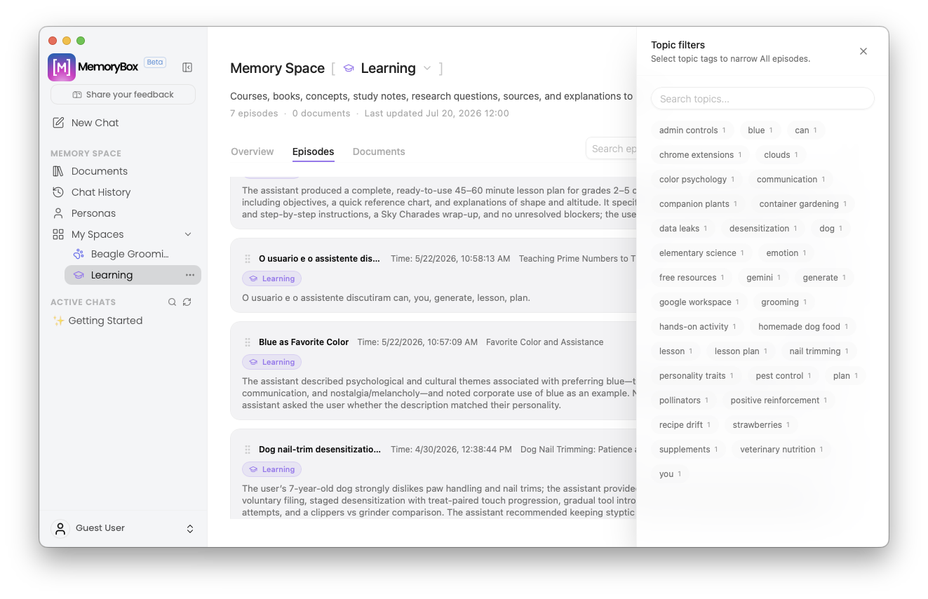 Topic tag indexing filters overlay side panel drawer