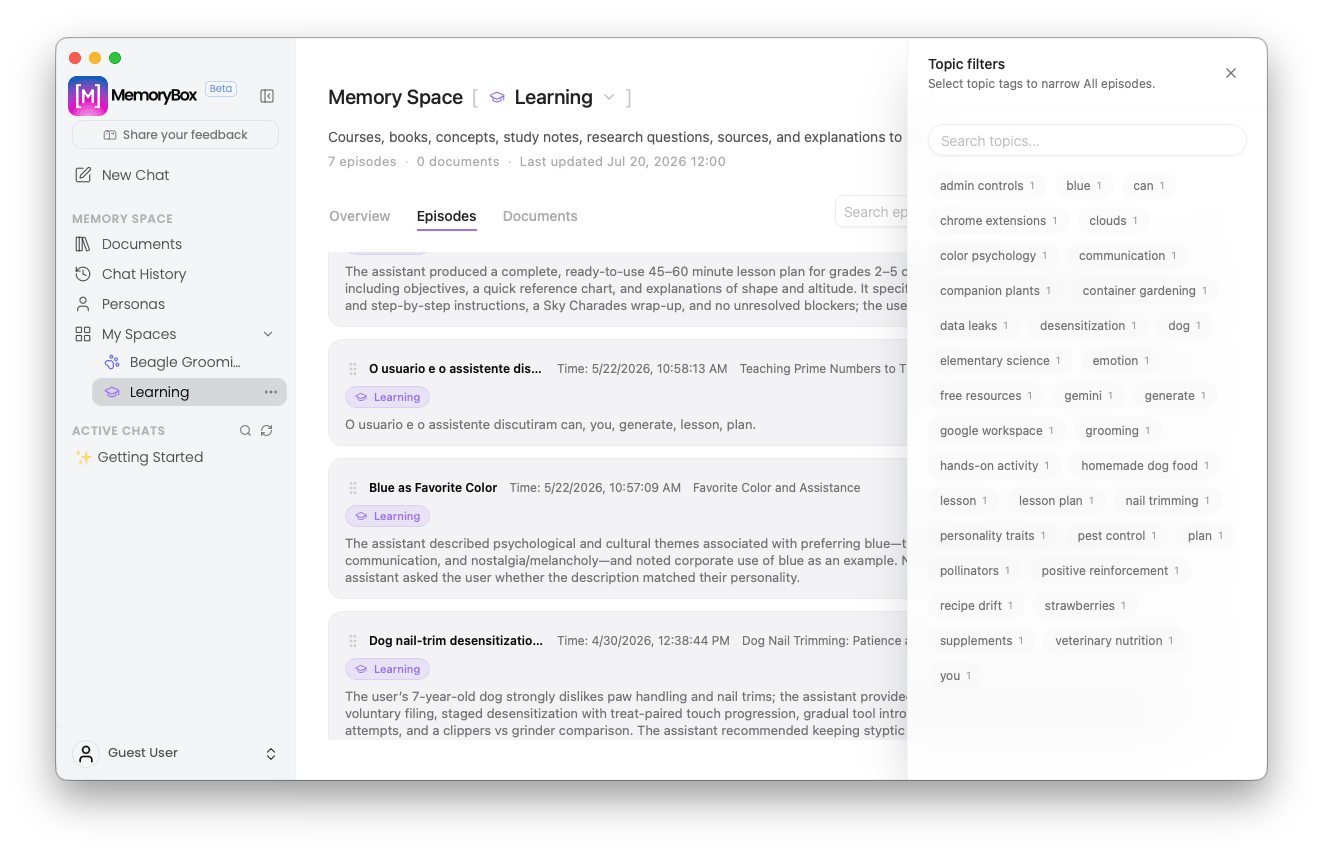 Topic tag indexing filters overlay side panel drawer