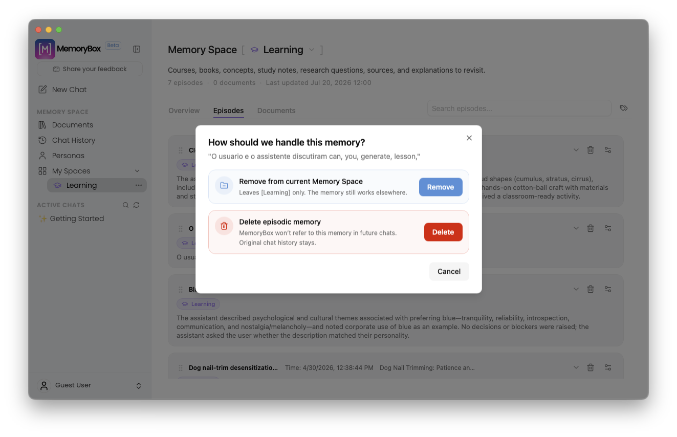 Episodic memory deletion path options modal prompt