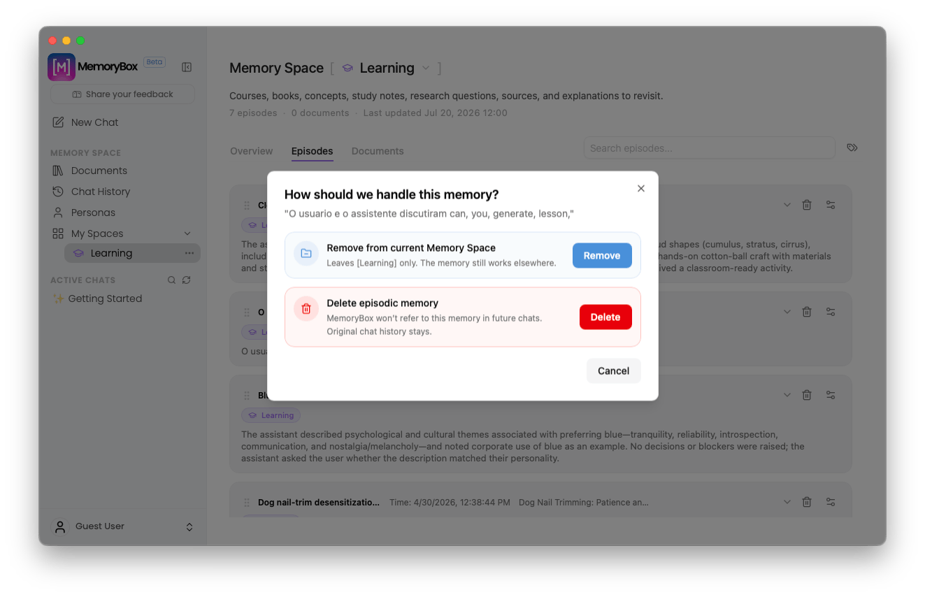 Episodic memory deletion path options modal prompt