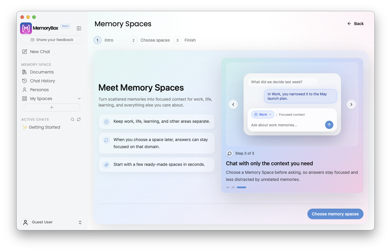MemoryBox onboarding spaces tutorial module