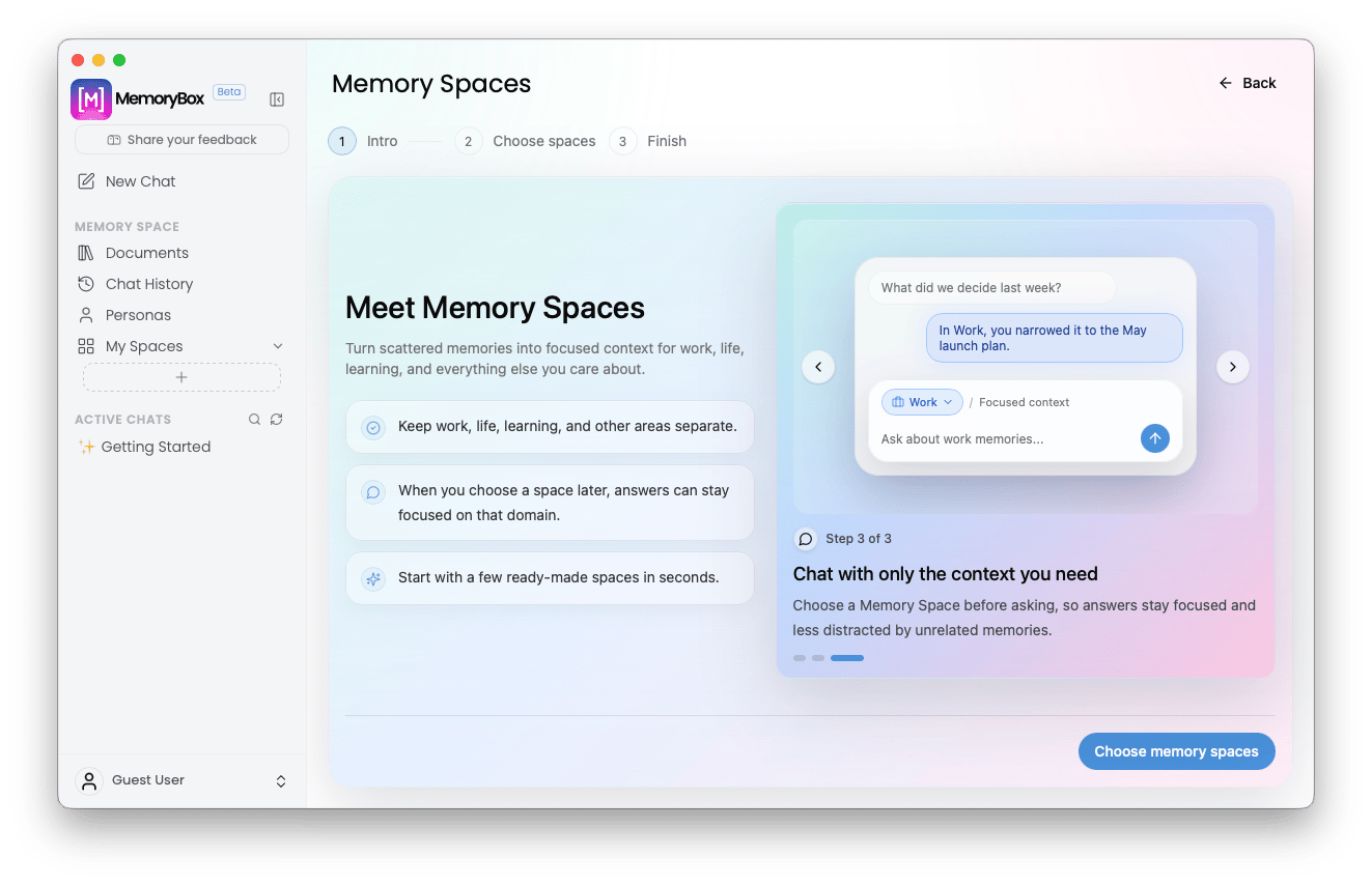 MemoryBox onboarding spaces tutorial module