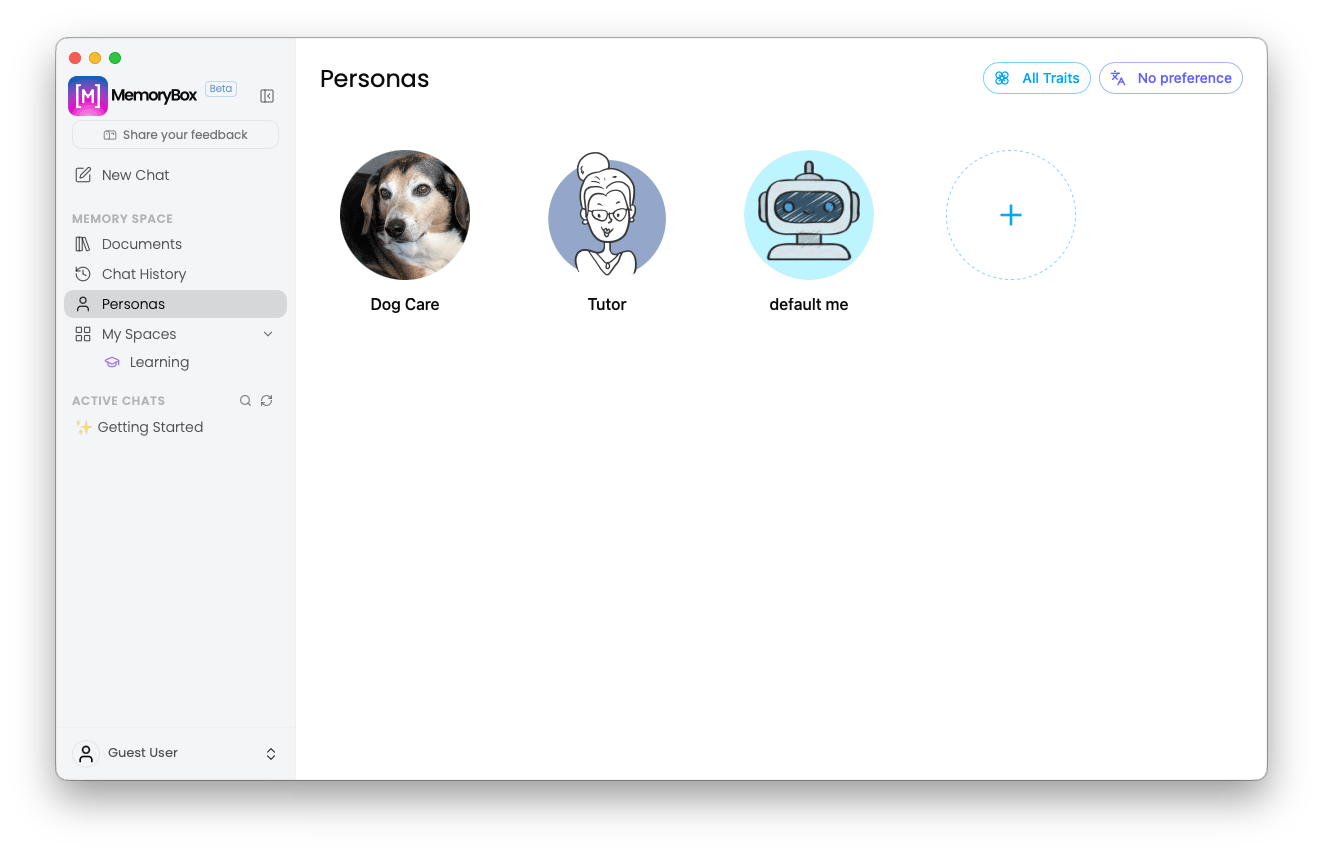 MemoryBox Personas tab view