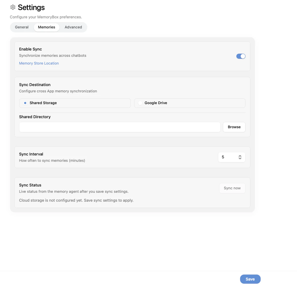 Memories settings tab