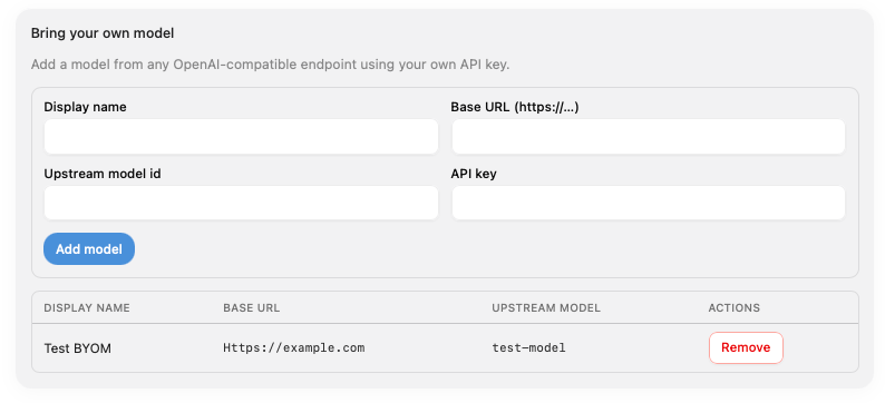 MemoryBox Bring Your Own Model panel with existing local model