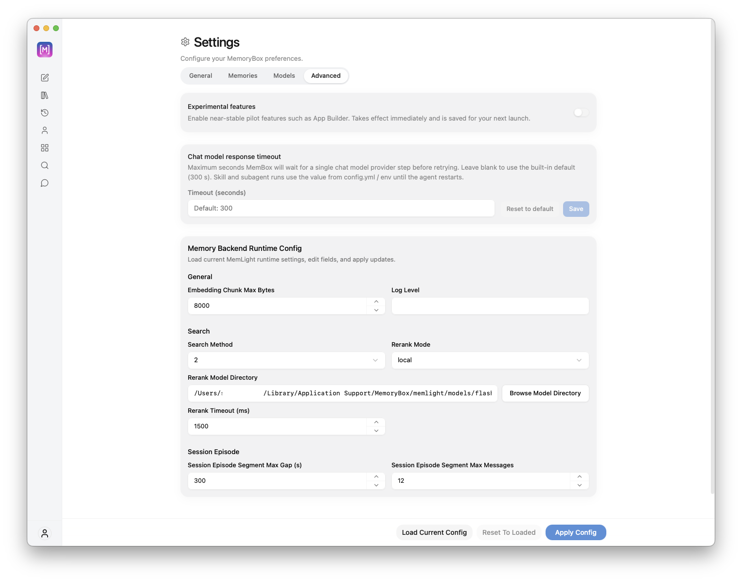 Advanced settings panel view