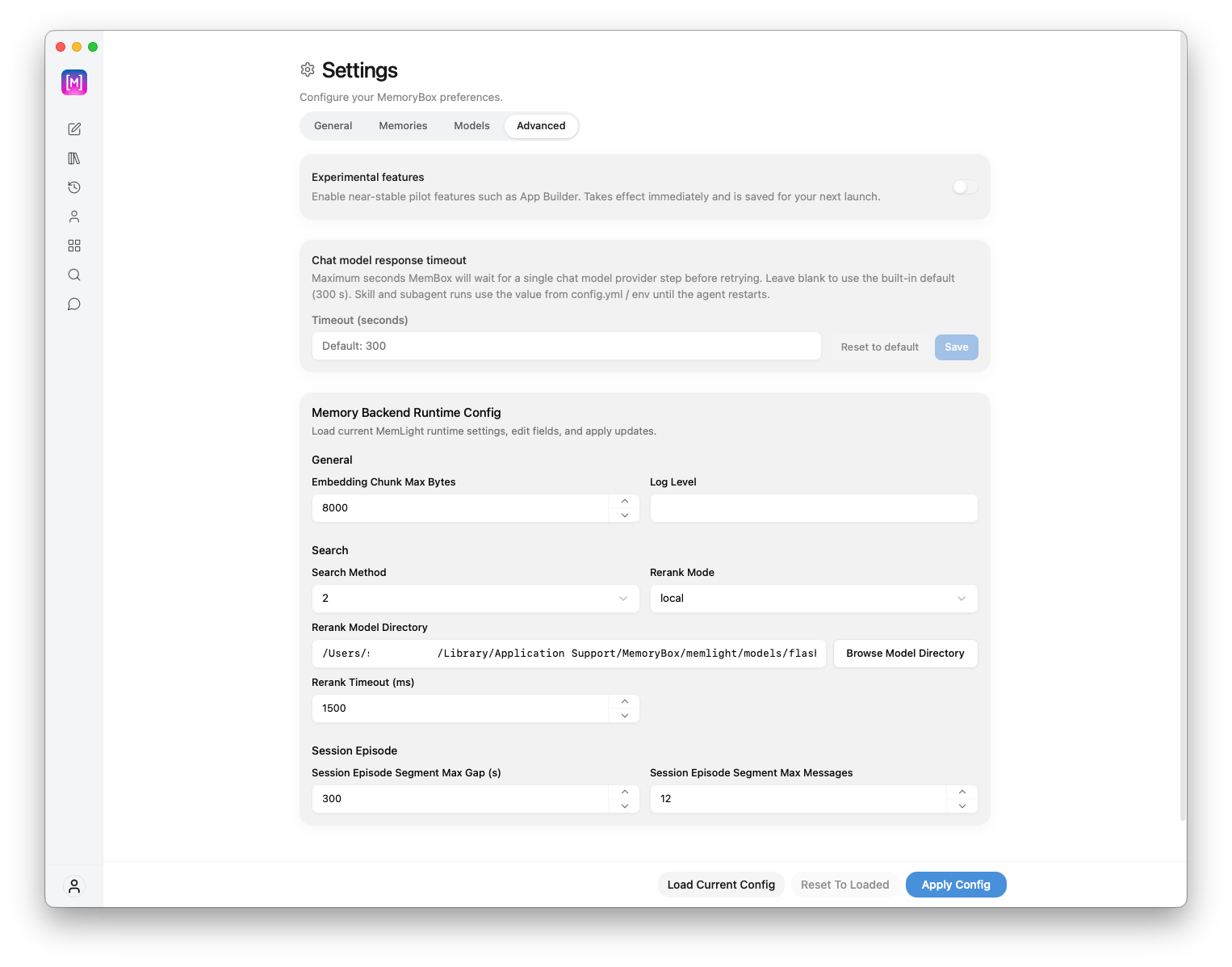 Advanced settings panel view