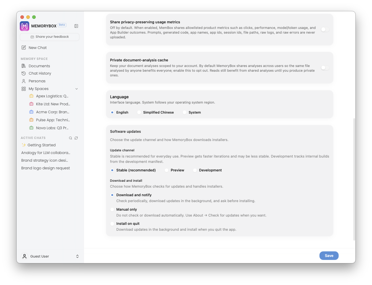 General settings lower scrolled view showing update channel settings