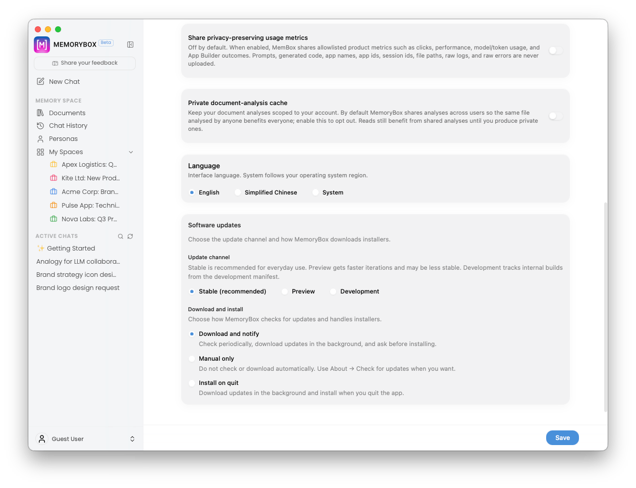 General settings lower scrolled view showing update channel settings