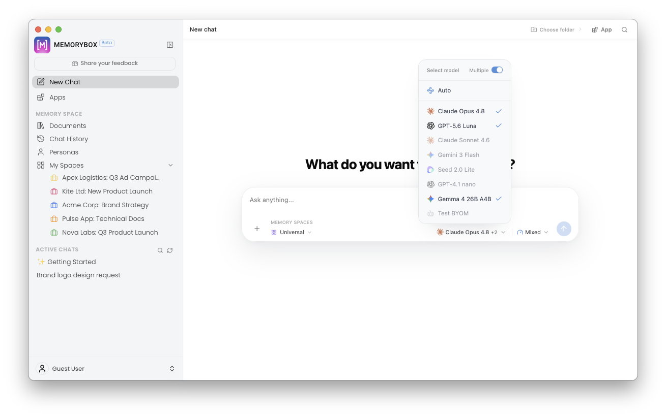Selecting model endpoints and toggling multi-model mode in the model menu