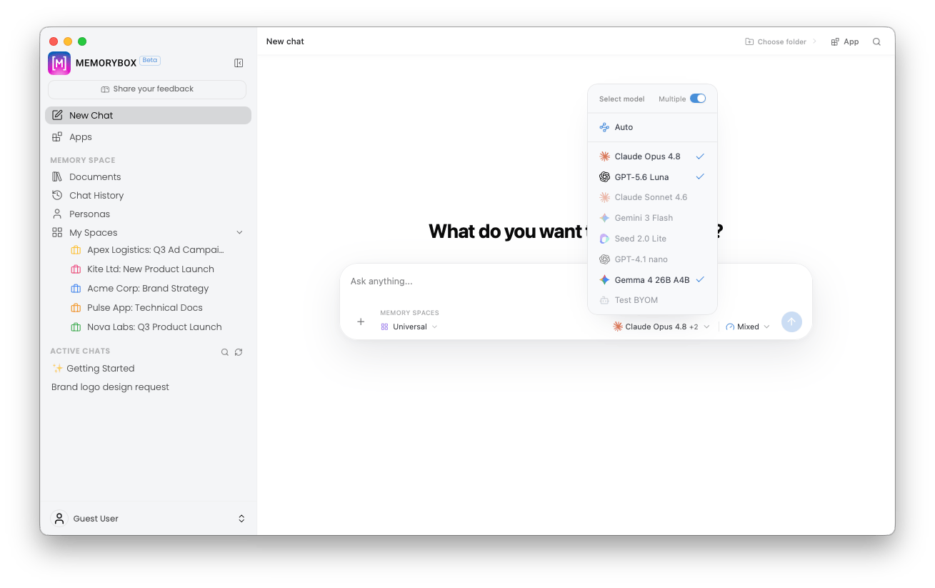 Selecting model endpoints and toggling multi-model mode in the model menu