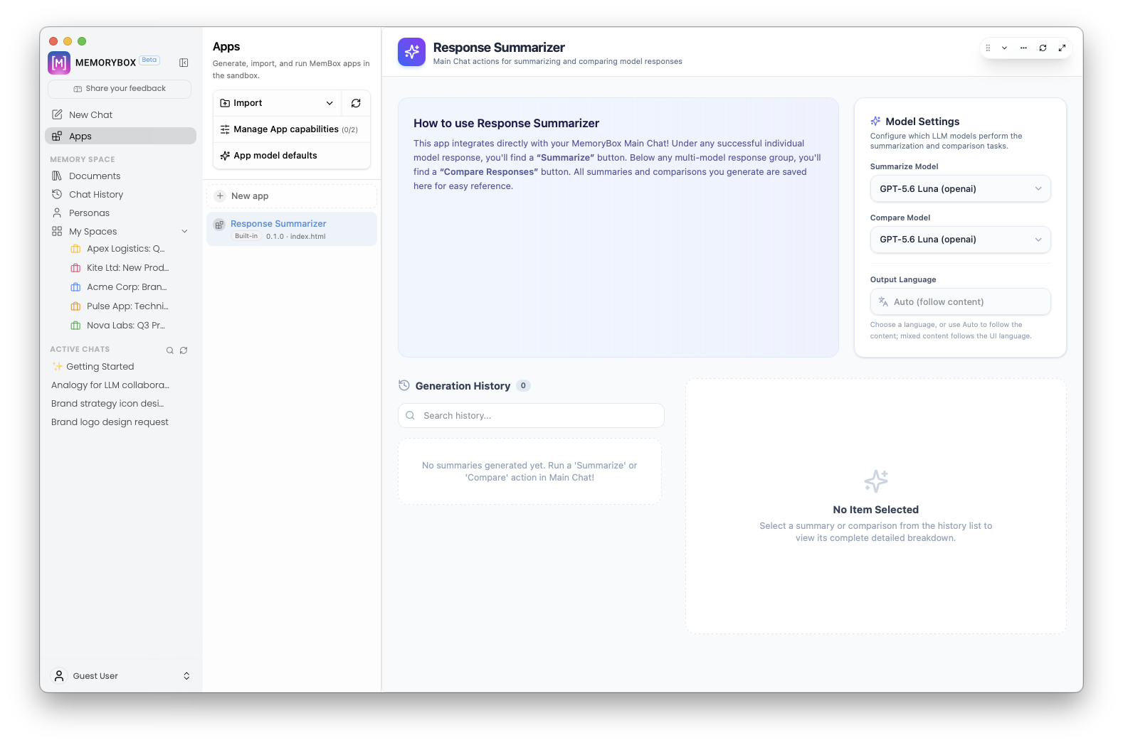 MemoryBox Apps default workspace view featuring Response Summarizer