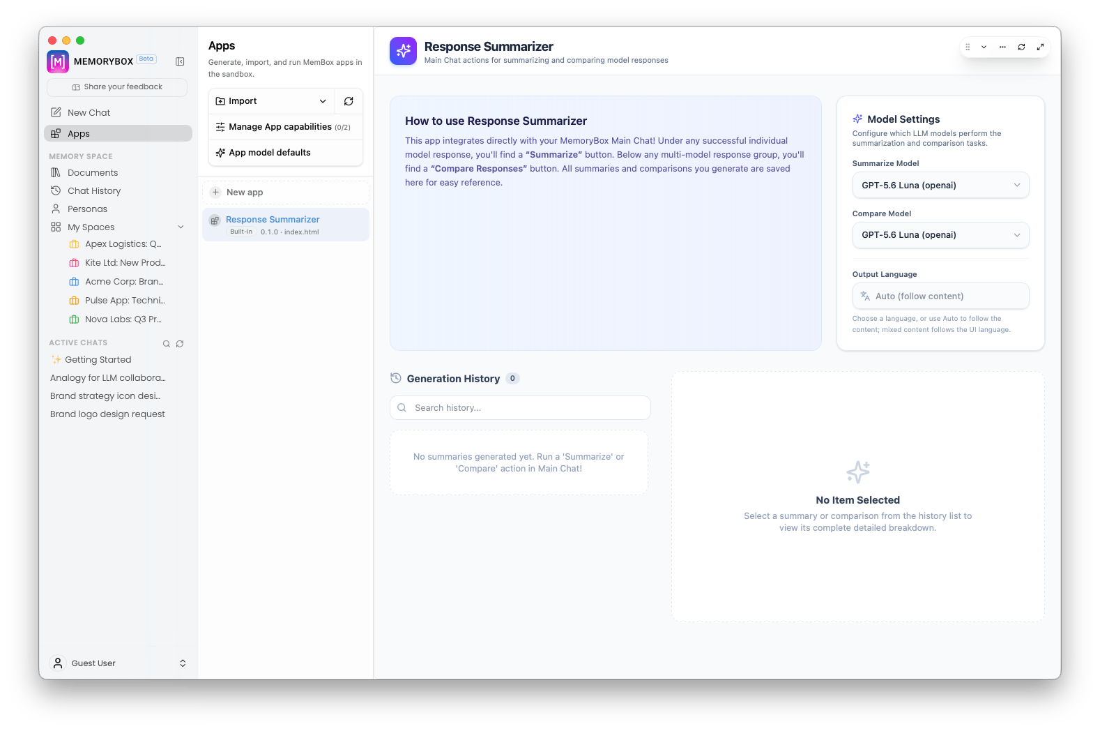 MemoryBox Apps default workspace view featuring Response Summarizer