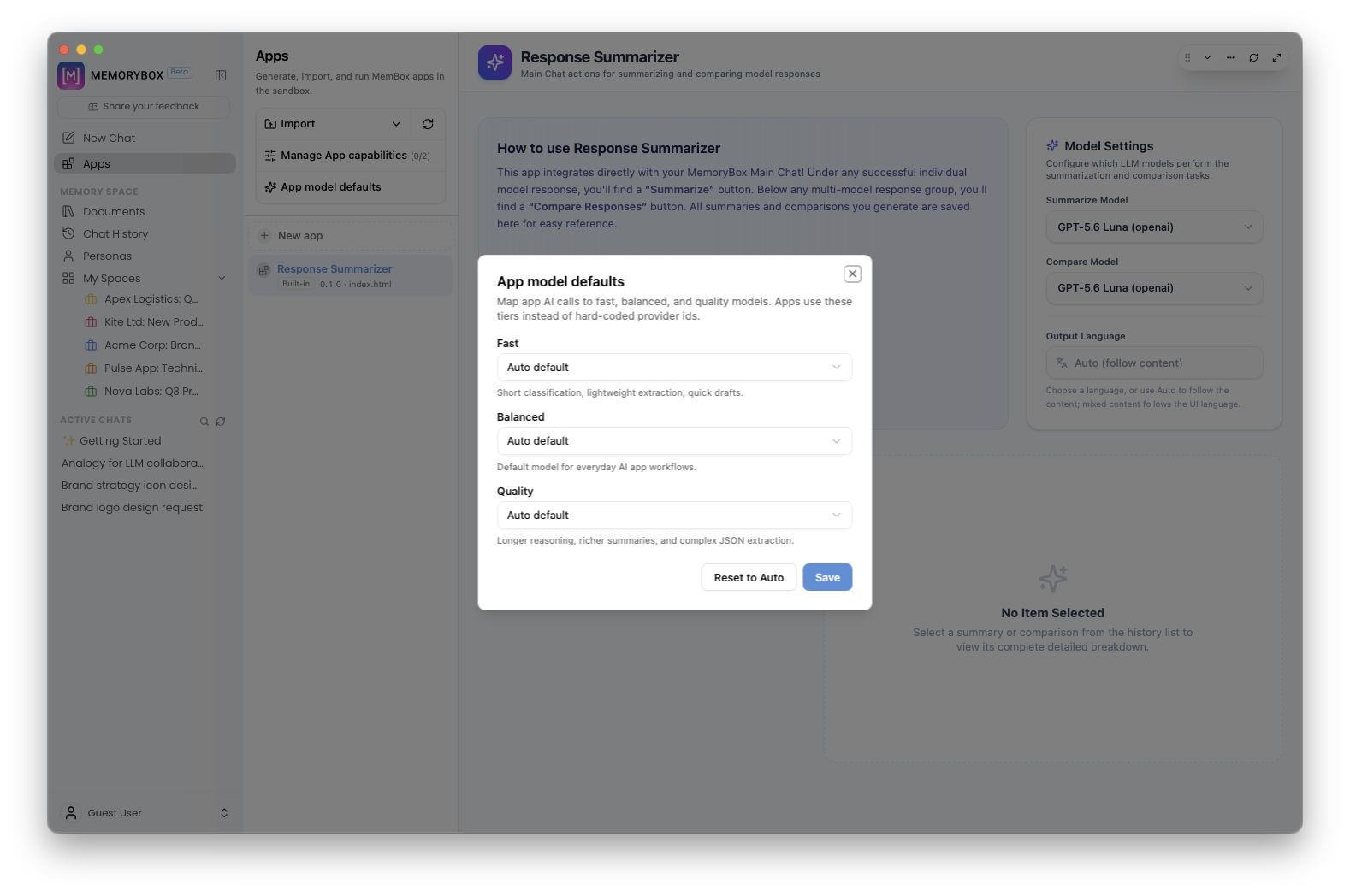 App model defaults configuration modal mapping Fast, Balanced, and Quality tiers