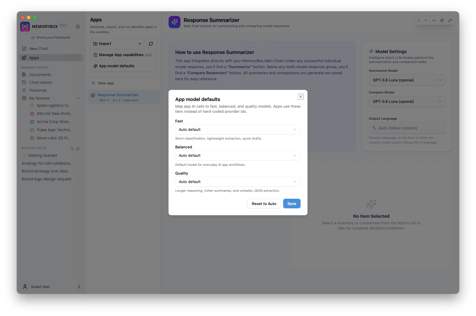 App model defaults configuration modal mapping Fast, Balanced, and Quality tiers