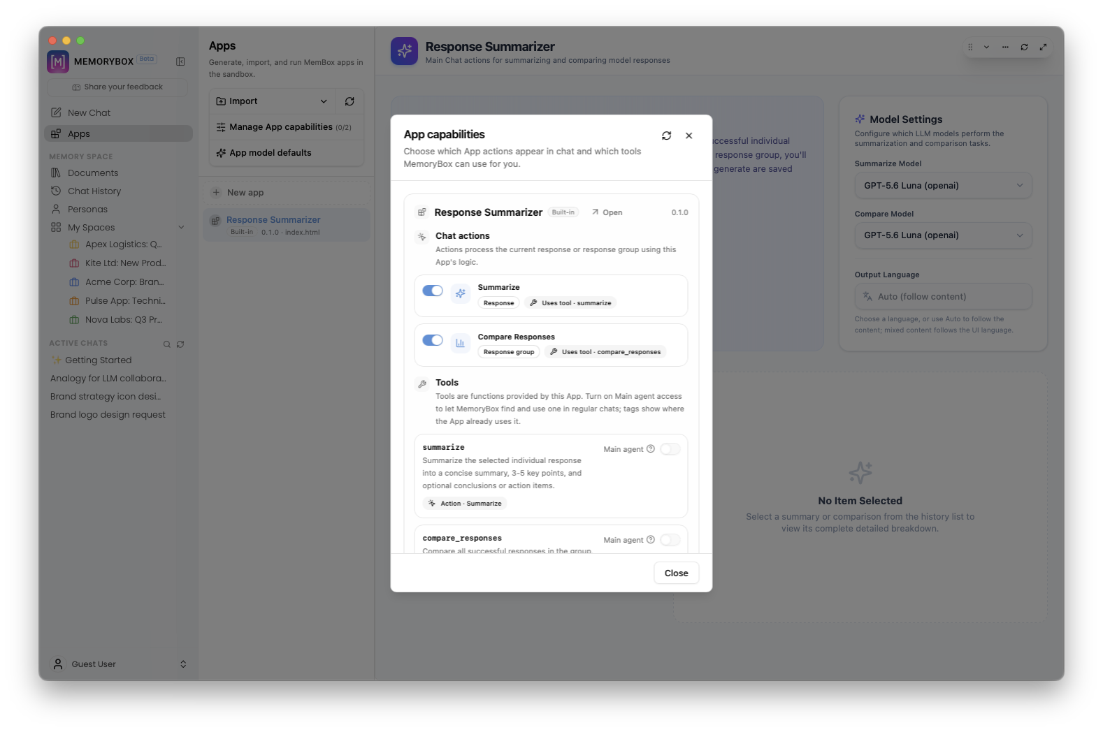 App capabilities dialog view showing chat actions and tool permissions