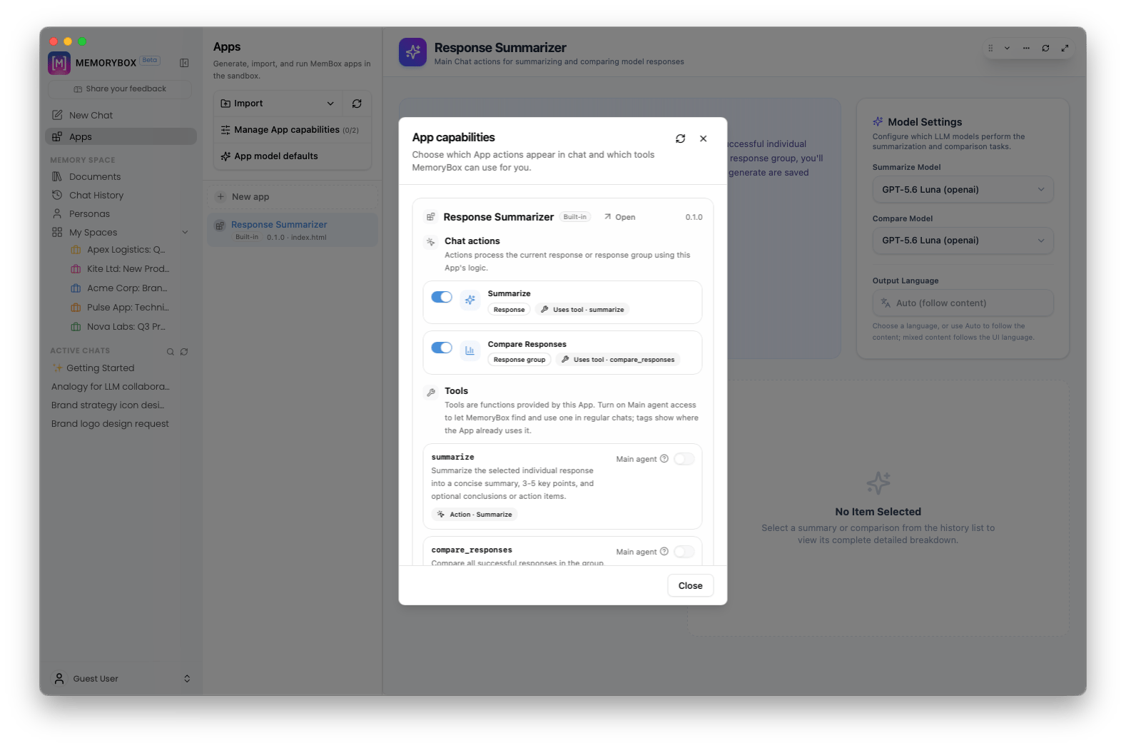 App capabilities dialog view showing chat actions and tool permissions