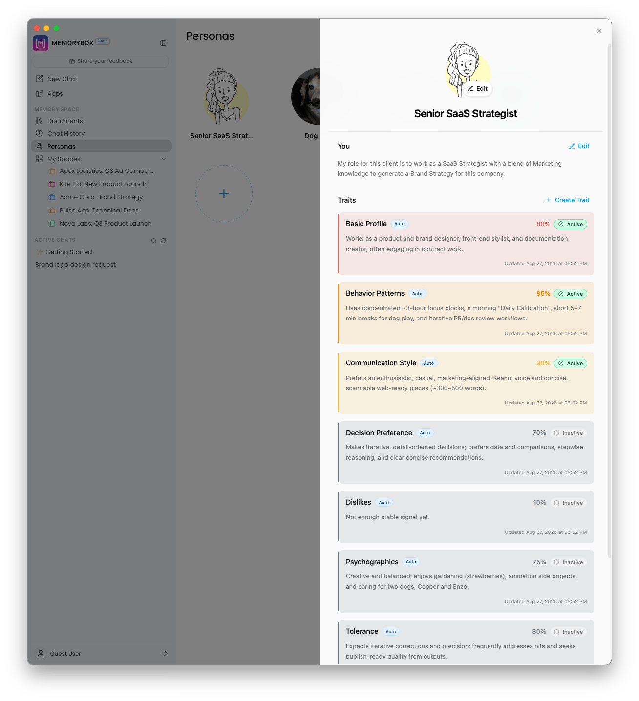 Persona-Specific Traits drawer detailing active and inactive profile traits