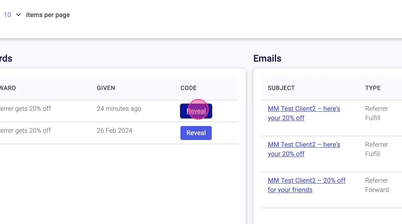 Animation showing reward code reveal on Mention Me