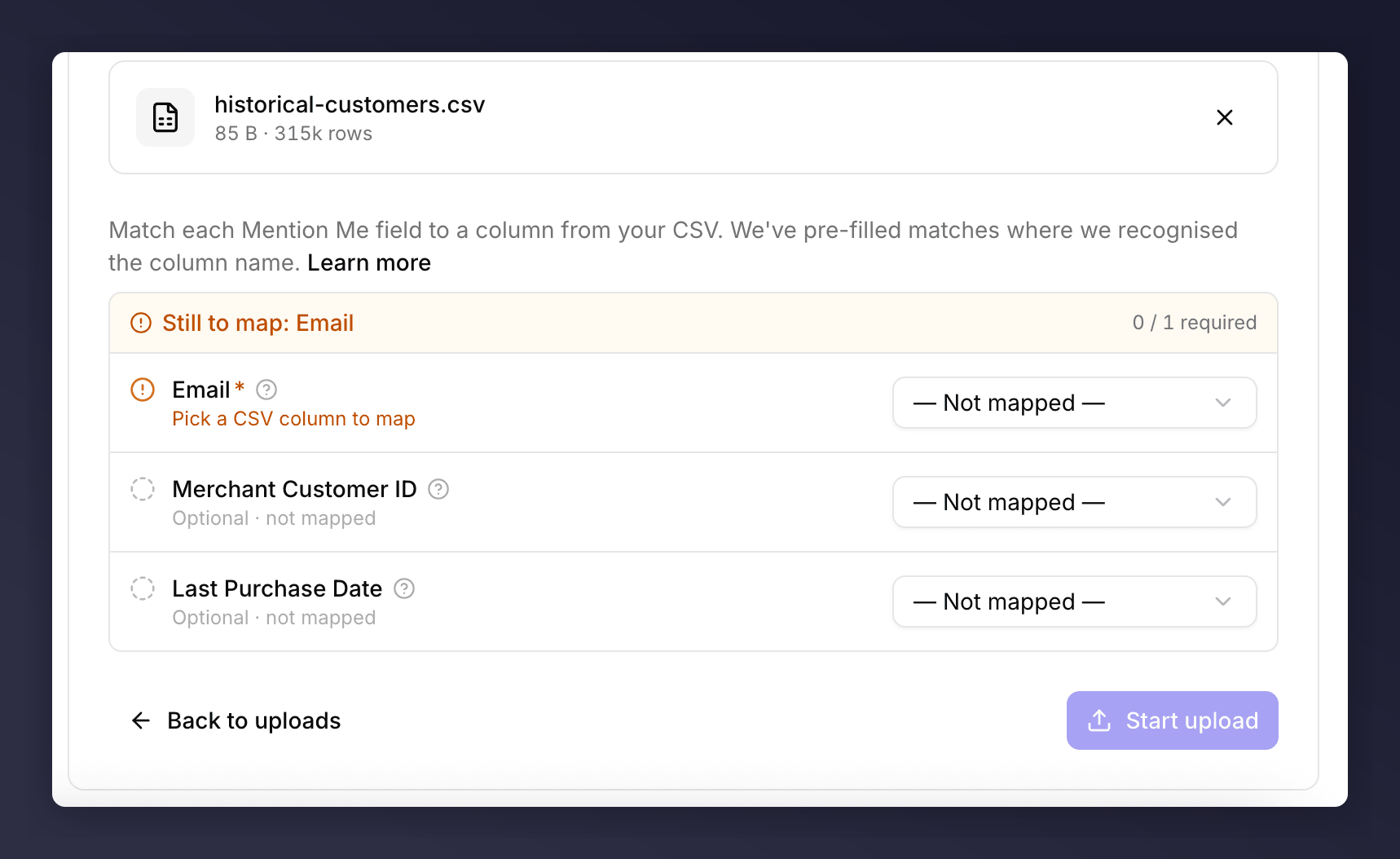 Column mapping with a required Email field still to map