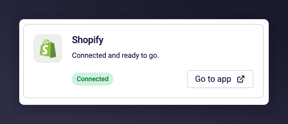 Shopify connection status card showing Connected status on the General settings page