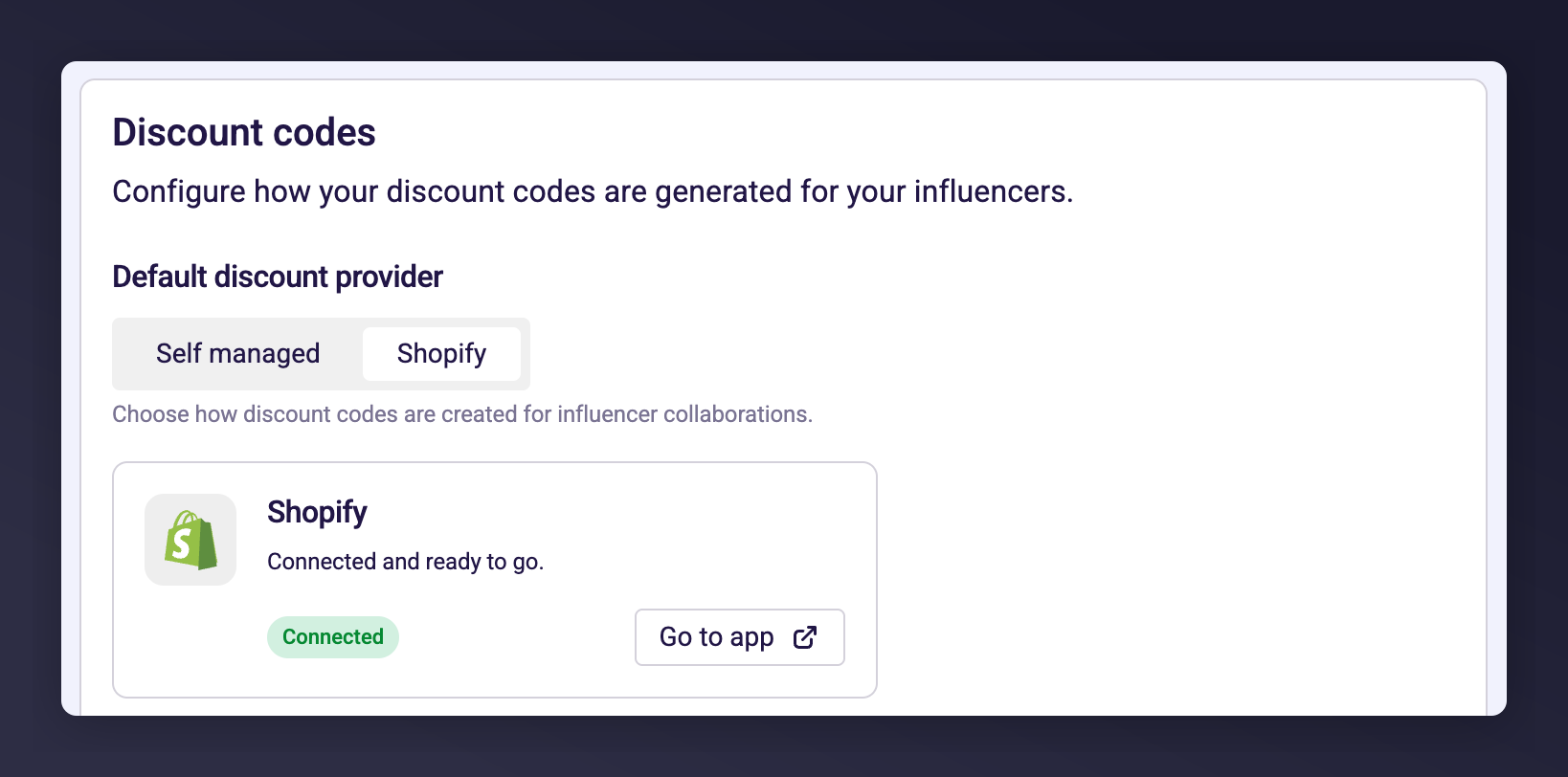 Default discount provider dropdown set to Shopify with Save button