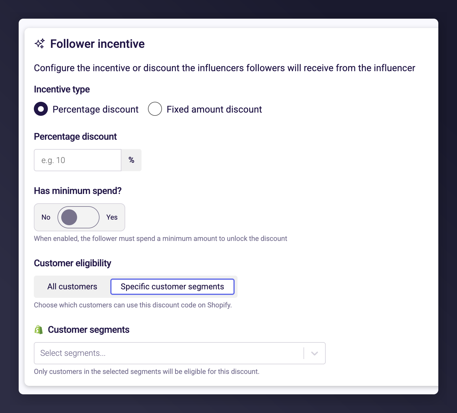 Collaboration wizard Actions step with follower incentive and customer eligibility settings