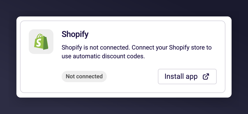 Shopify integration card showing Not Connected status with Install app button