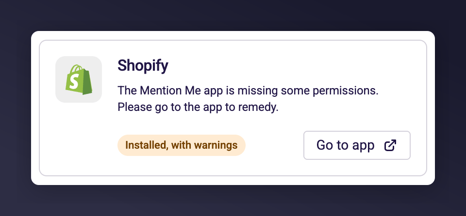 Shopify integration card showing Installed with warnings status and missing permissions message
