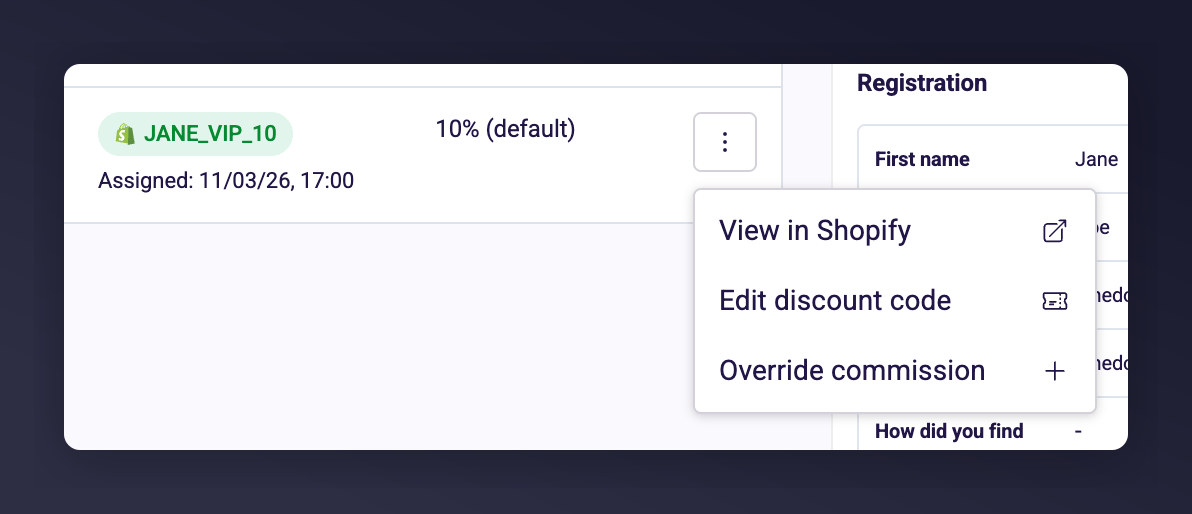 Edit discount code modal with input field for the new code