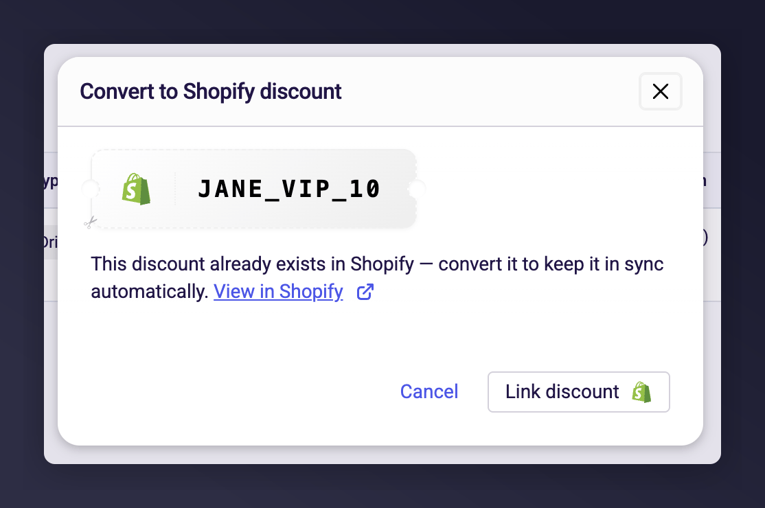 Modal showing existing Shopify discount found with Link discount button