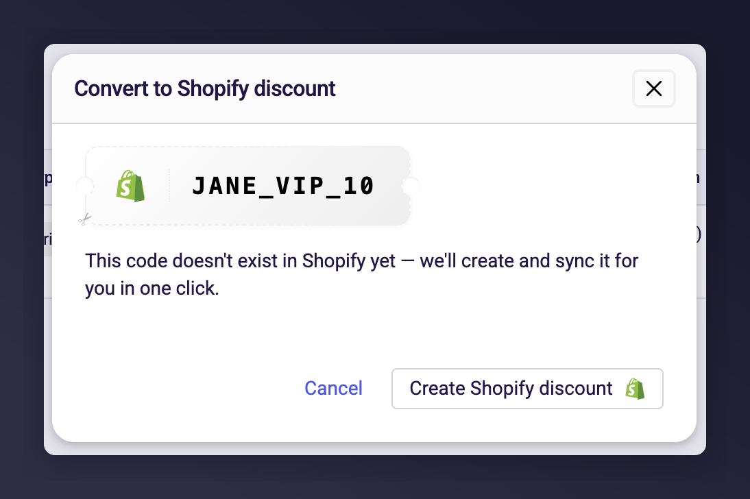 Modal showing code not found in Shopify with Create Shopify discount button