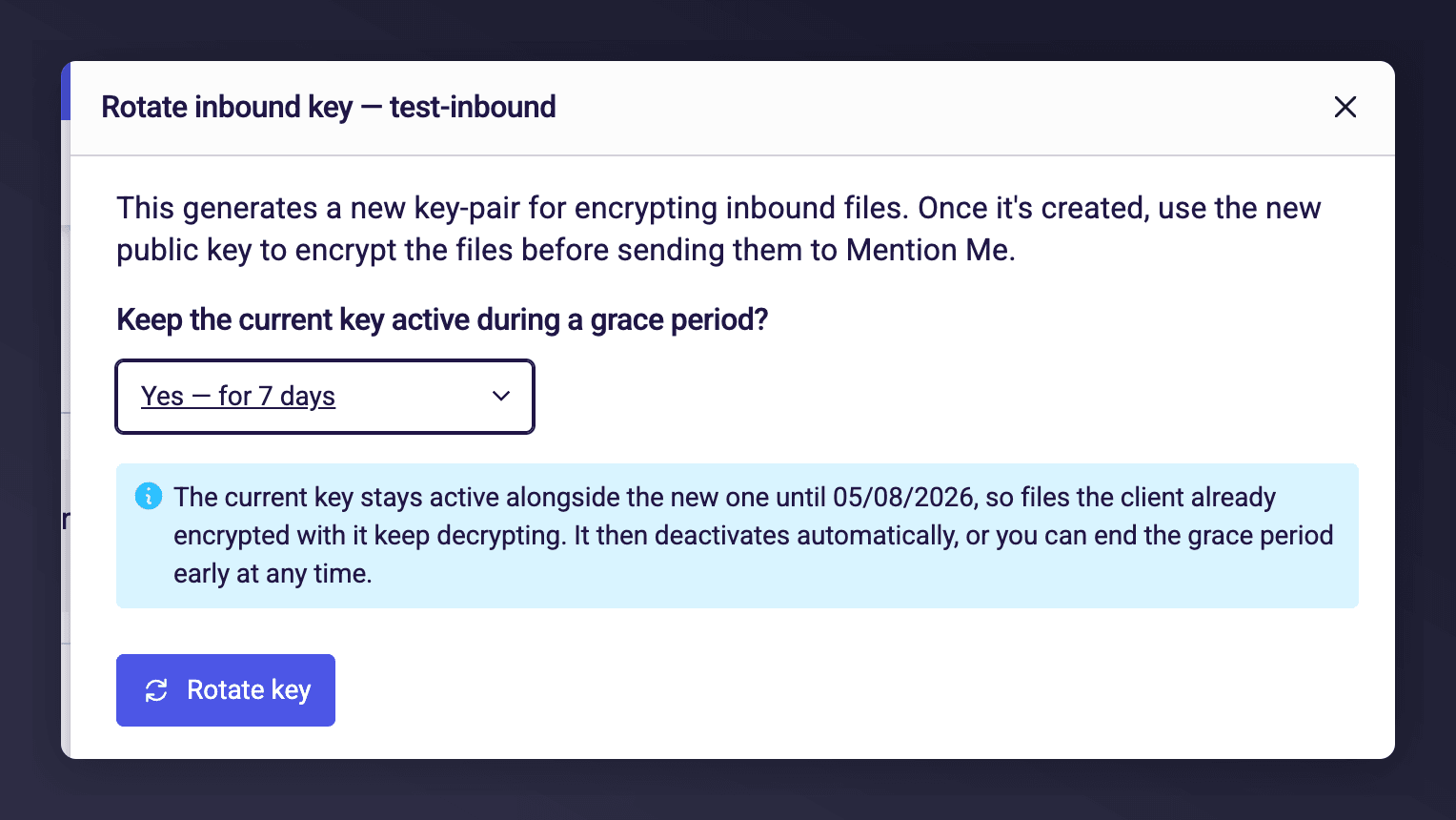 Rotate inbound key dialog with a 7 day grace period selected and a note giving the date the current key deactivates