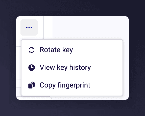 Row actions menu open, listing Rotate key, View key history and Copy fingerprint
