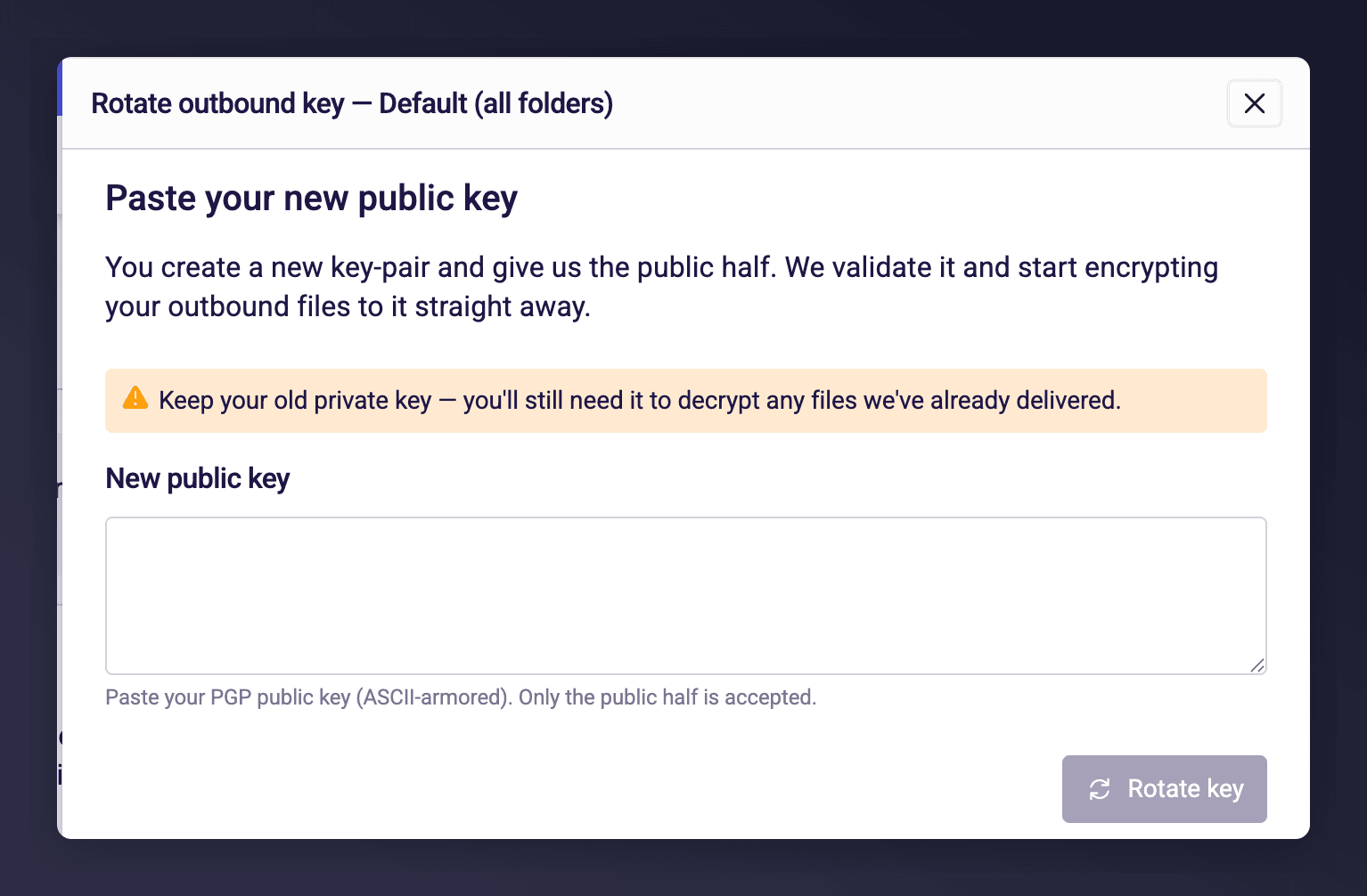 Rotate outbound key dialog with a field for the new public key and a warning to keep the old private key