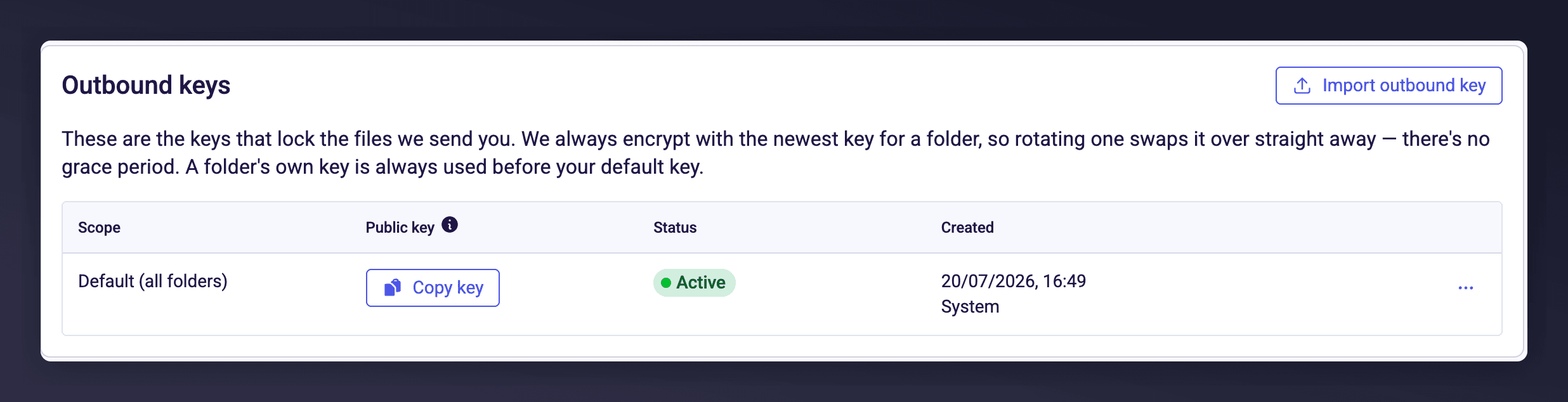 Outbound keys table showing a single default key marked Active