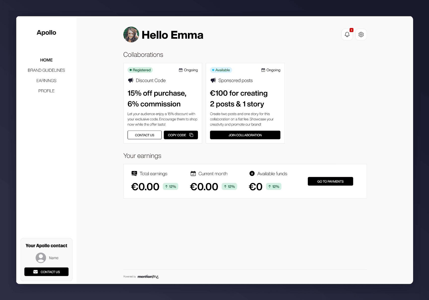 Brand guidelines link highlighted in the top left corner of the influencer dashboard