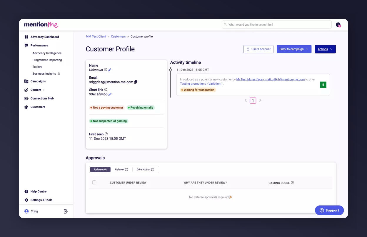 Actions menu on customer profile