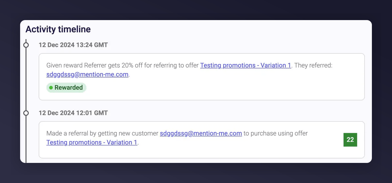 Verified referral in timeline of Mention Me customer details