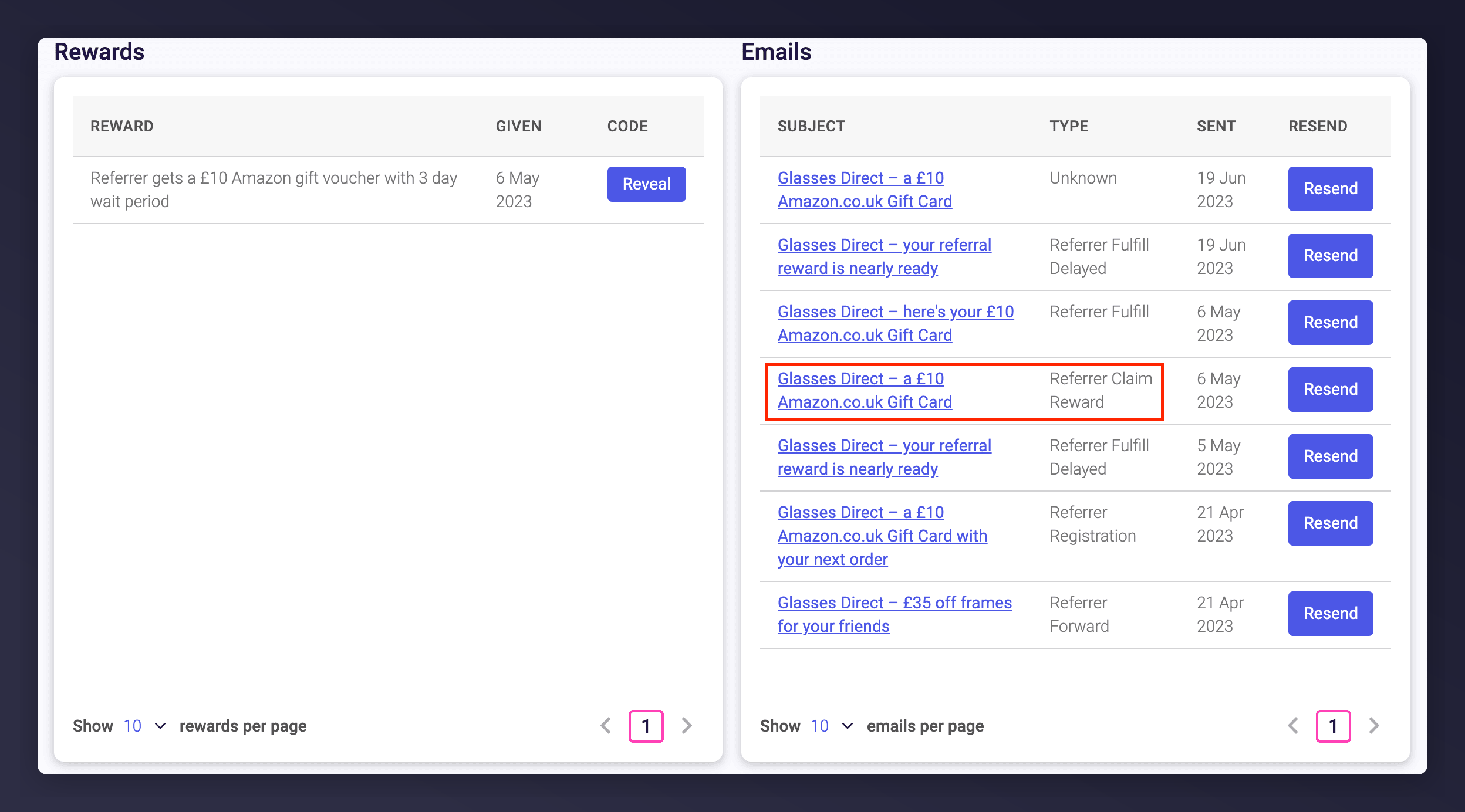 List of emails shown on customer account