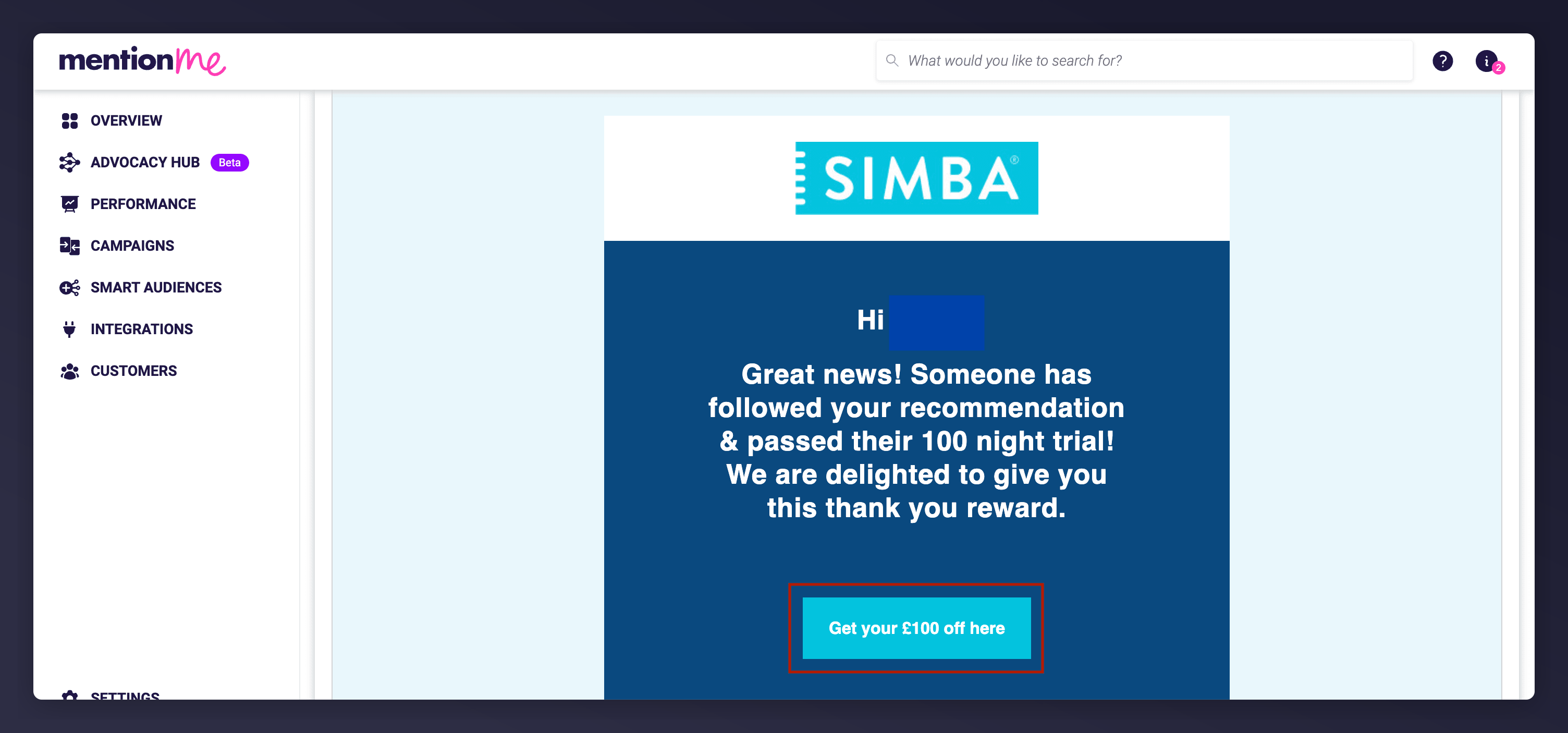 Example CTA button in claim reward email