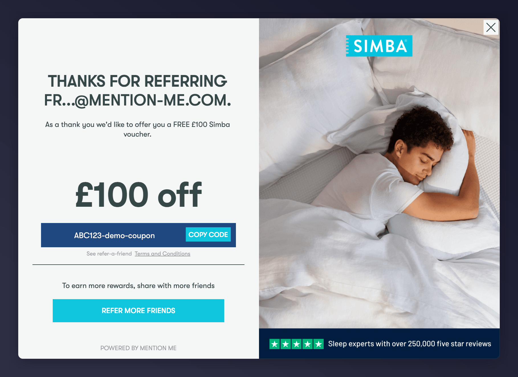 Reward code screen showing successful code fulfilment