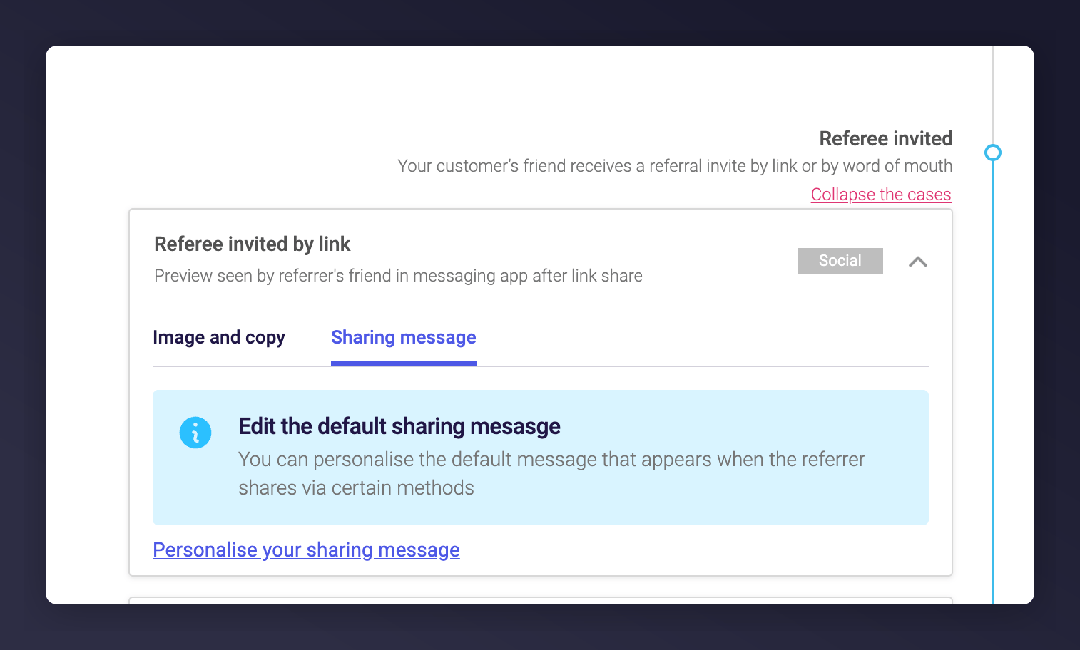 Settings screen for referee invite default message