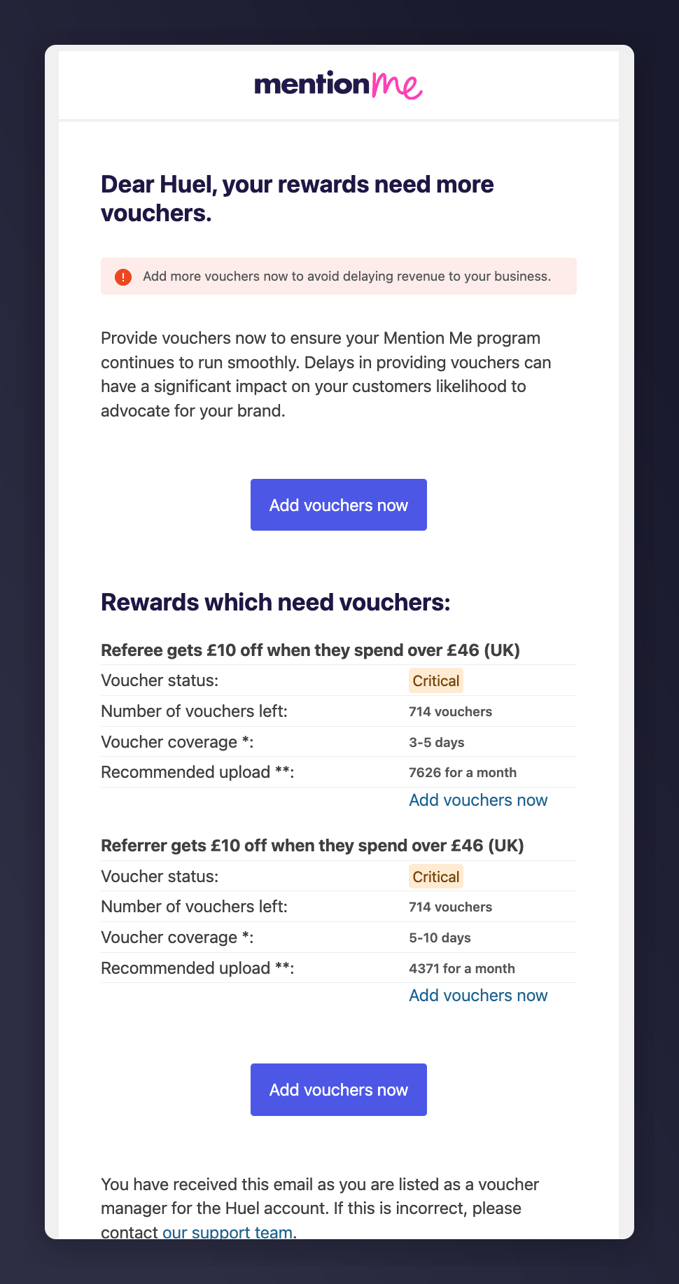 An example of an automated low voucher supply alert email
