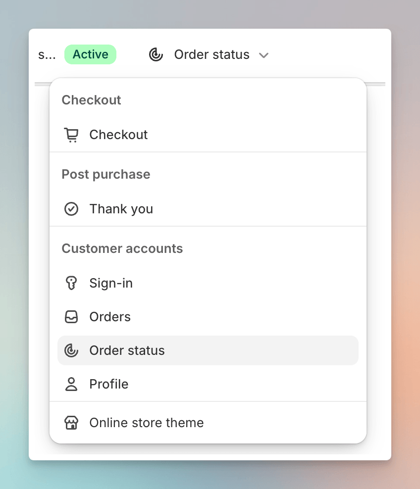 Shopify checkout editor page selector showing Order Status