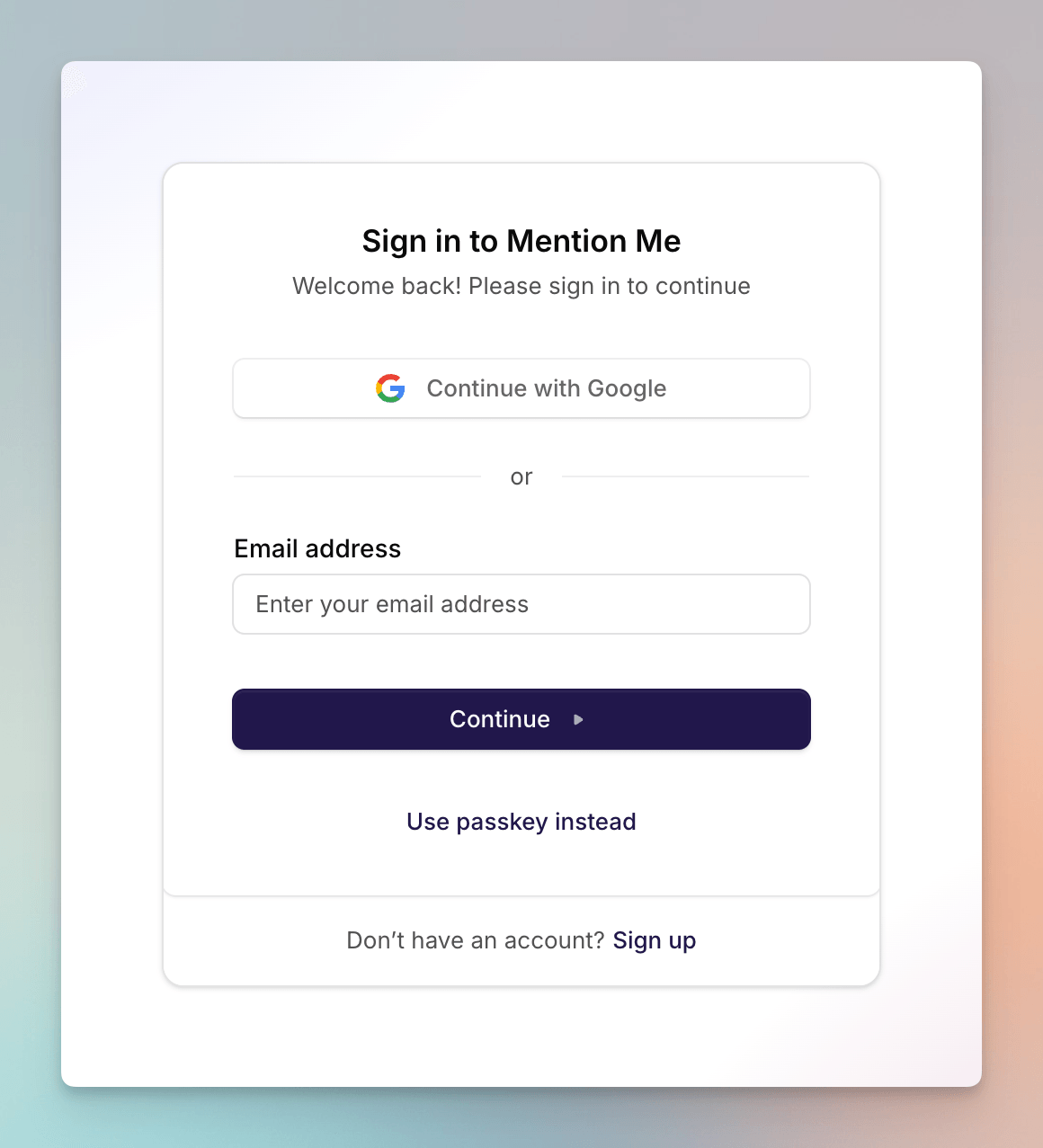 Mention Me sign in or create account screen