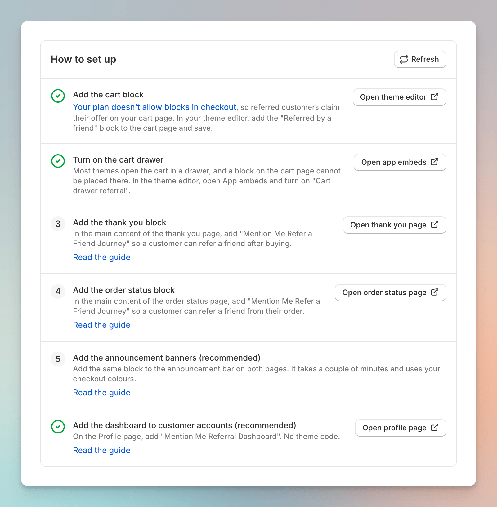 Brand referral setup page showing the How to set up checklist with the cart block