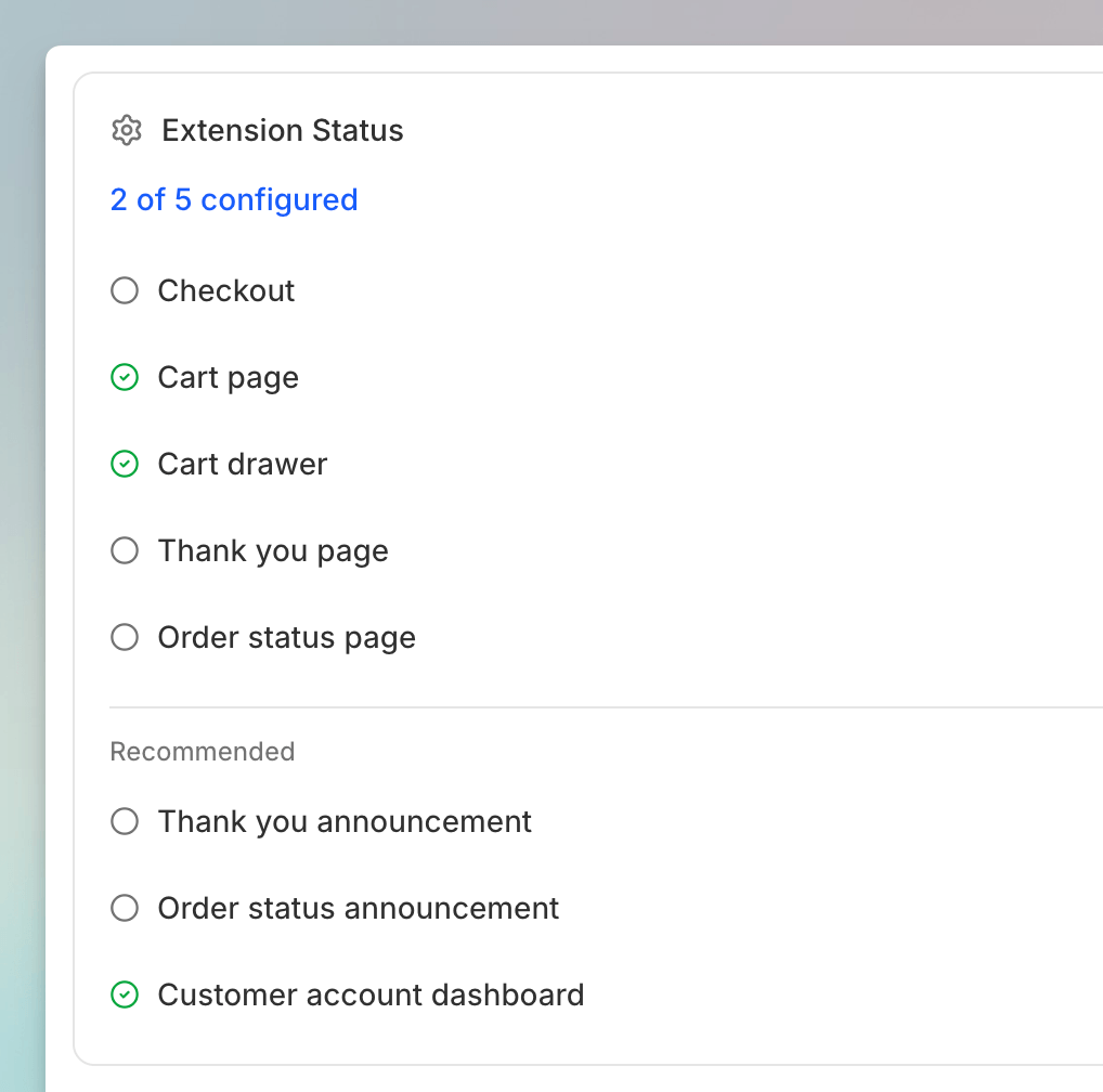 Extension Status panel with required and recommended blocks