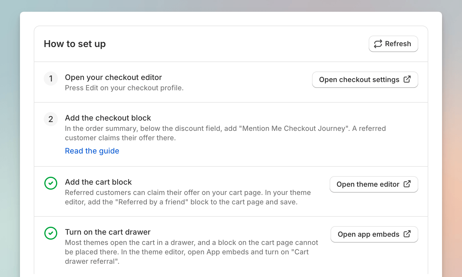 Brand referral setup page showing the How to set up checklist with the checkout block